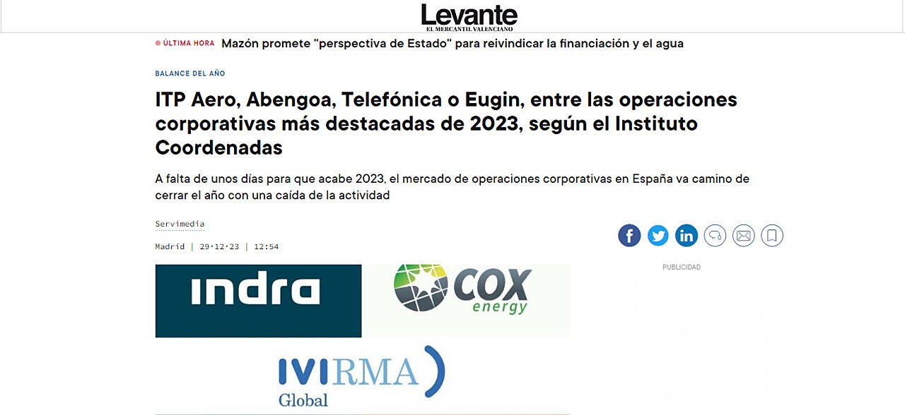 ITP Aero, Abengoa, Telefnica o Eugin, entre las operaciones corporativas ms destacadas de 2023, segn el Instituto Coordenadas